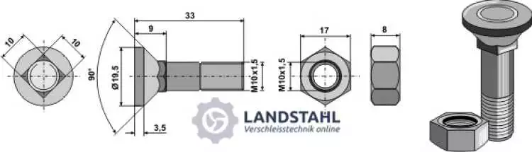 Pflugschraube M10x1,5x33 und Sechskantmutter
