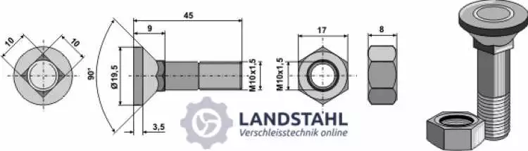 Pflugschraube M10x1,5x45 und Sechskantmutter