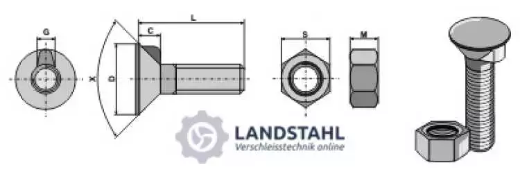 Pflugschraube DIN 604 M10 x 1,5 x 60 mit Sechskantmutter