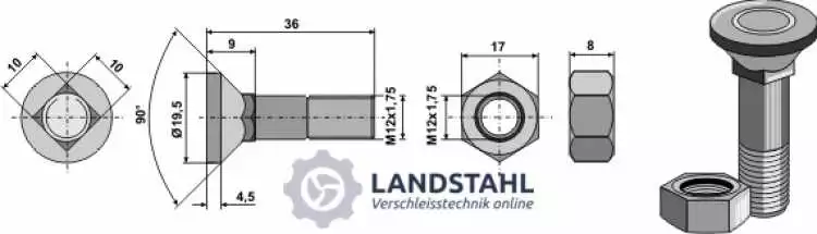 Pflugschraube M12x1,75x36 und Sechskantmutter