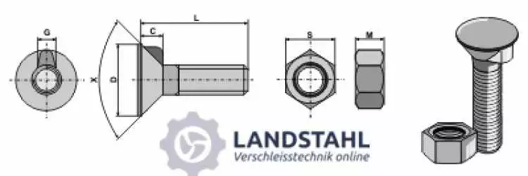 Pflugschraube DIN 604 M12x1,75x45 mit Sechskantmutter