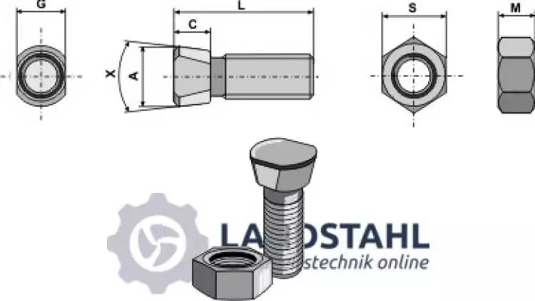 Scharschraube 1/2''UNCx46 mit Sechskantmutter