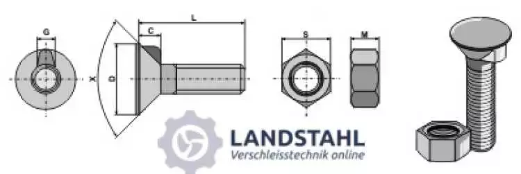 Pflugschraube DIN 604 M12x1,75x50 mit Sechskantmutter
