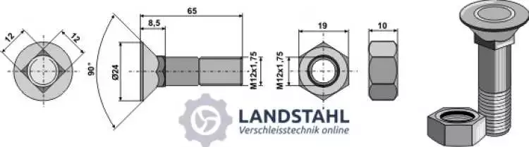 Pflugschraube M12x1,75x65 und Sechskantmutter
