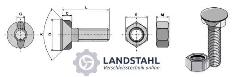 Pflugschraube DIN 11014 M12 x 1,75 x 85 mit Sechskantmutter