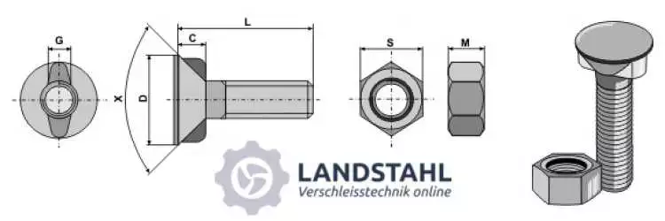 Pflugschraube DIN 11014 M14 x 2 x 65 mit Sechskantmutter