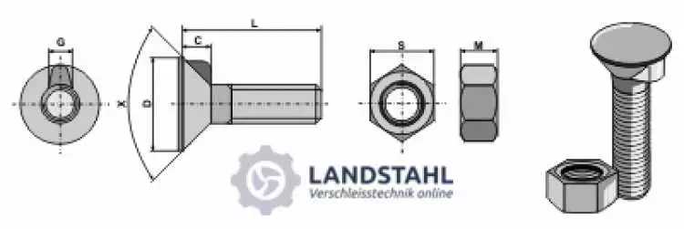 Pflugschraube DIN 604 M16 x 2 x 110 mit Sechskantmutter