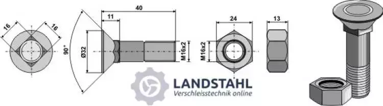 Pflugschraube M16x2x40 und Sechskantmutter