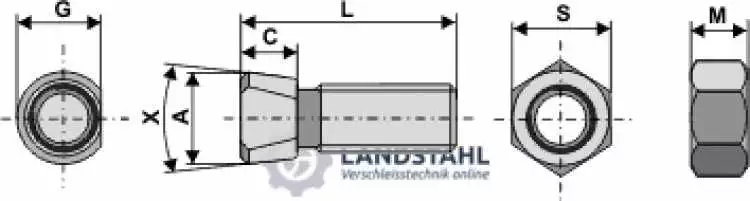 Scharschraube M16 x 2 x 65 mit Sechskantmutter