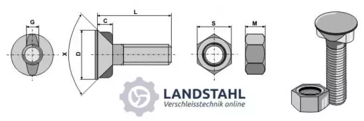 Pflugschraube DIN 11014 M16 x 2 x 70 mit Sechskantmutter