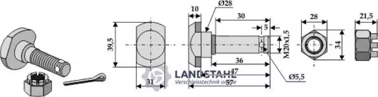 Messerschraube mit Kronenmutter M 20 x 35 - 12.9