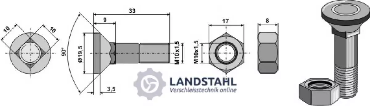Pflugschraube M10x1,5x33 und Sechskantmutter