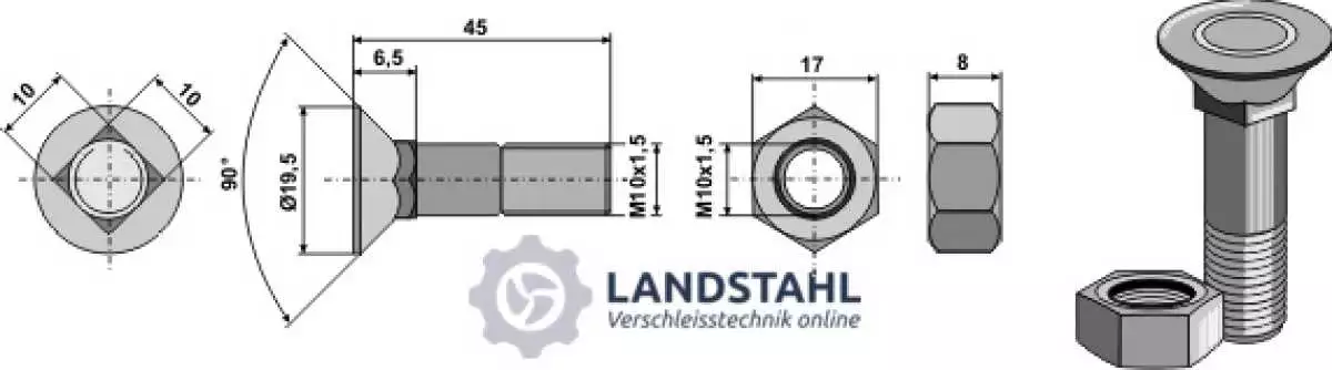 Pflugschraube M10x1,5x45 und Sechskantmutter