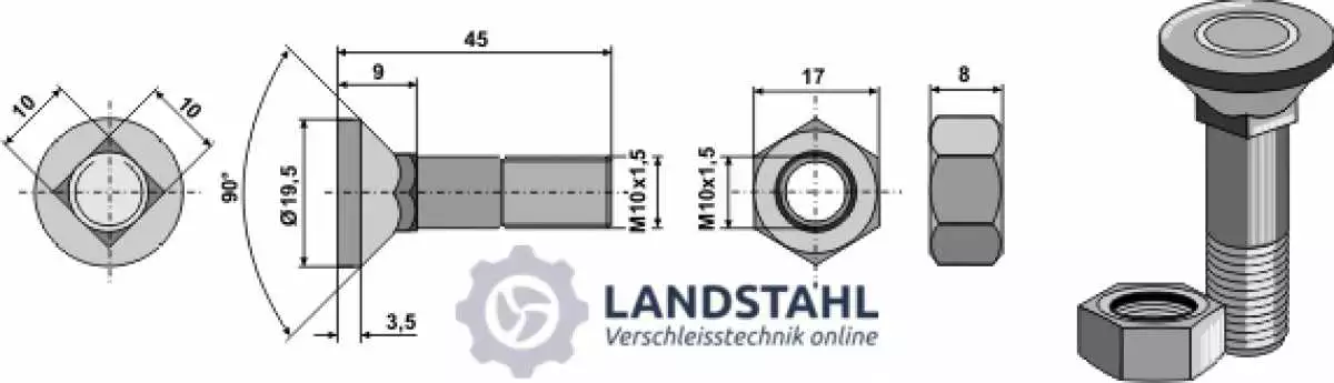 Pflugschraube M10x1,5x45 und Sechskantmutter