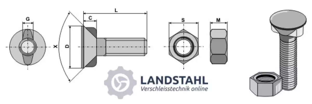 Pflugschraube DIN 11014 M10x1,5x50 mit Sechskantmutter