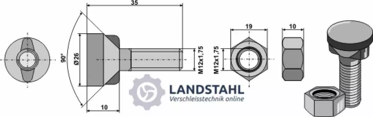 Pflugschraube M12 x 1,75 x 35 mit Sechskantmutter