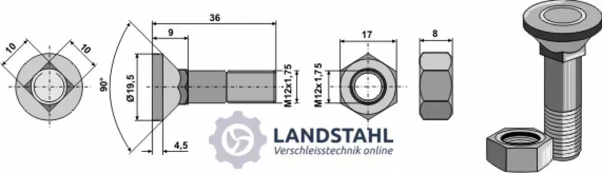 Pflugschraube M12x1,75x36 und Sechskantmutter