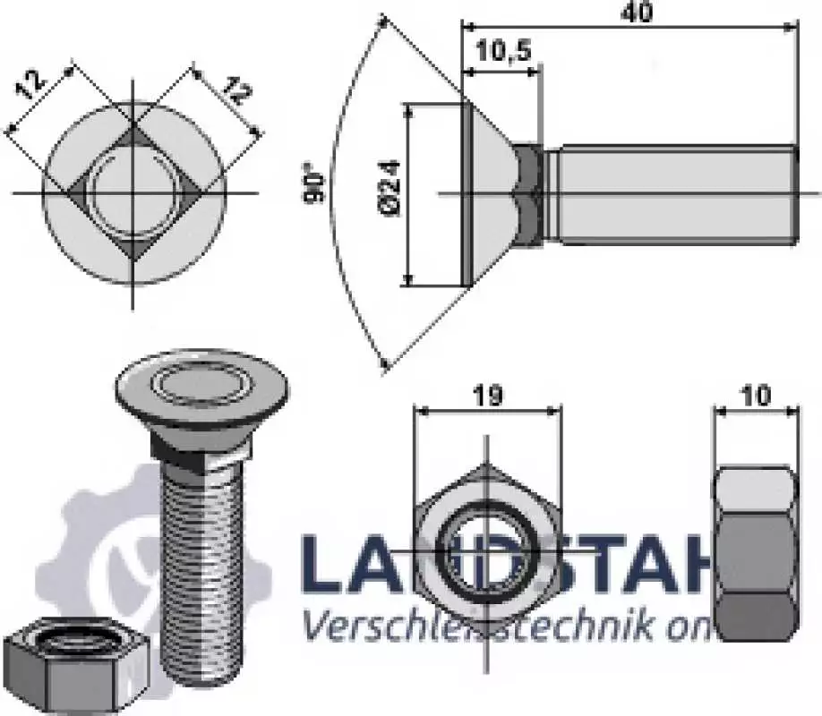 Pflugschraube DIN 608 M12x1,75x40 mit Sechskantmutter