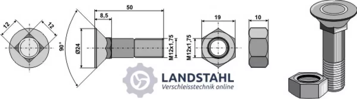 Pflugschraube M12x1,75x50 und Sechskantmutter