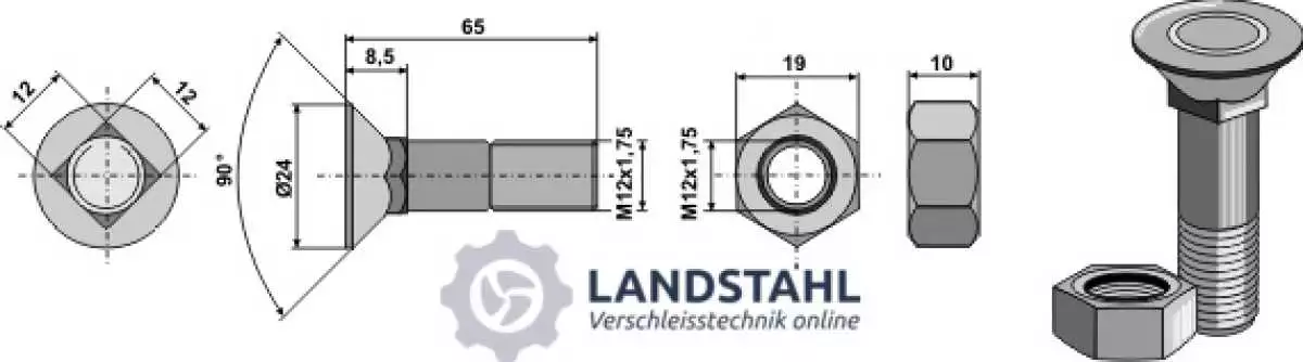 Pflugschraube M12x1,75x65 und Sechskantmutter