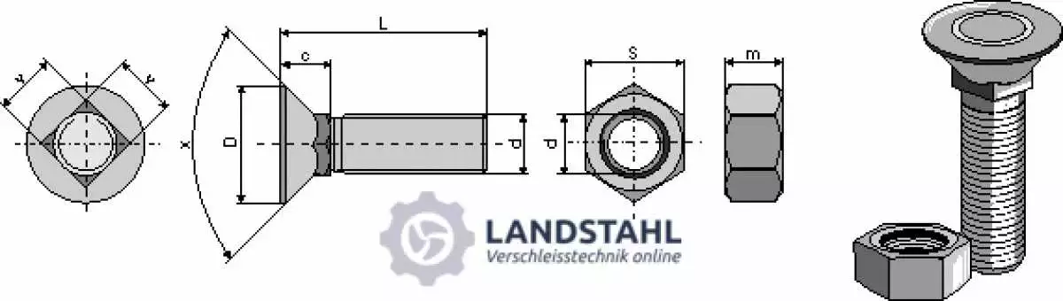 Pflugschraube DIN 608 M12 x 1,75 x 75 mit Sechskantmutter