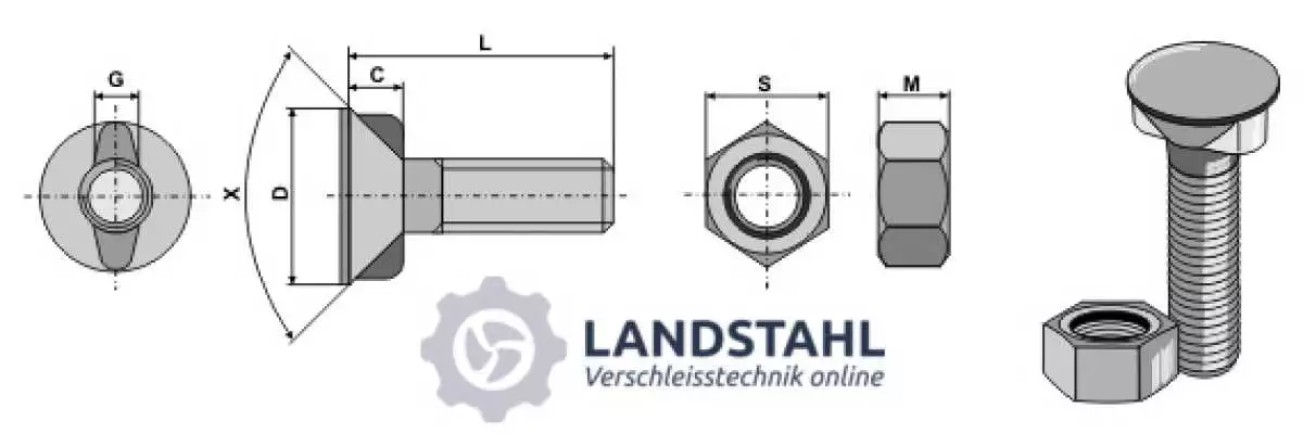 Pflugschraube DIN 11014 M14 x 2 x 65 mit Sechskantmutter