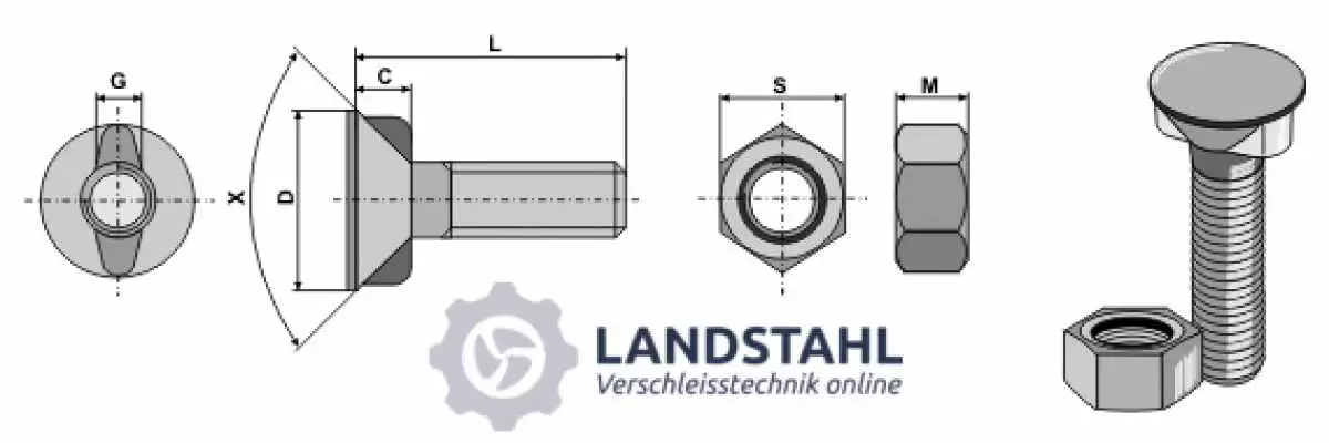 Pflugschraube DIN 11014 M14 x 2 x 70 mit Sechskantmutter