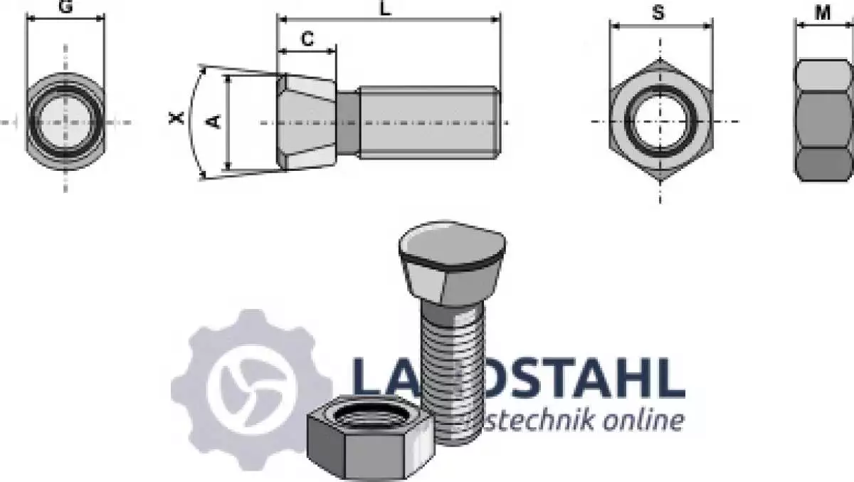 Scharschraube M16 x 2 x 30 mit Sechskantmutter