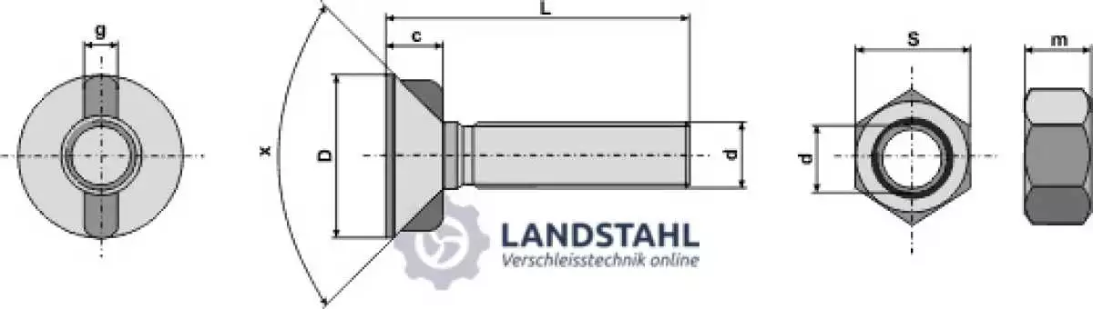 Pflugschraube DIN 11014 M16 x 2 x 40 mit Sechskantmutter