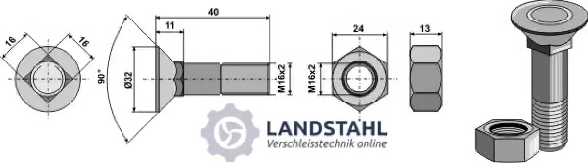 Pflugschraube M16x2x40 und Sechskantmutter