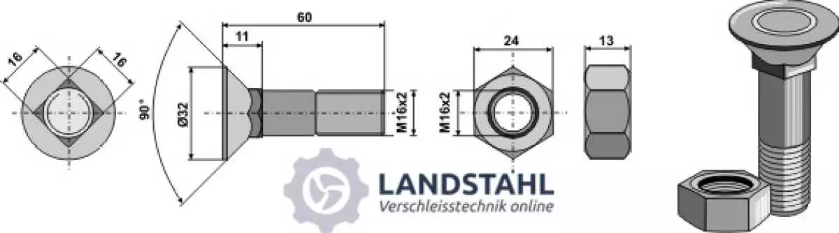 Pflugschraube M16x2x60 und Sechskantmutter