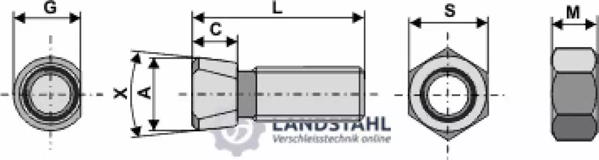 Scharschraube M16 x 2 x 65 mit Sechskantmutter