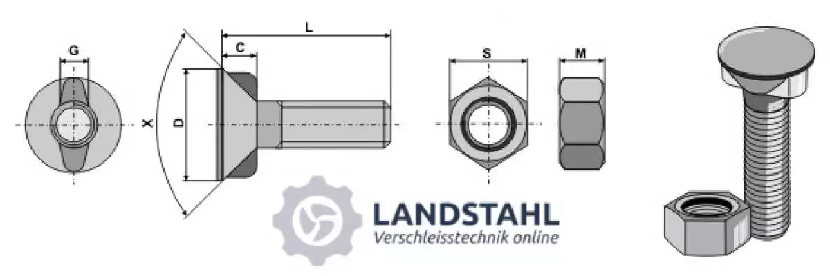 Pflugschraube DIN 11014 M16 x 2 x 70 mit Sechskantmutter