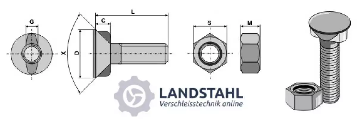 Pflugschraube DIN 11014 M20 x 2,5 x 65 mit Sechskantmutter