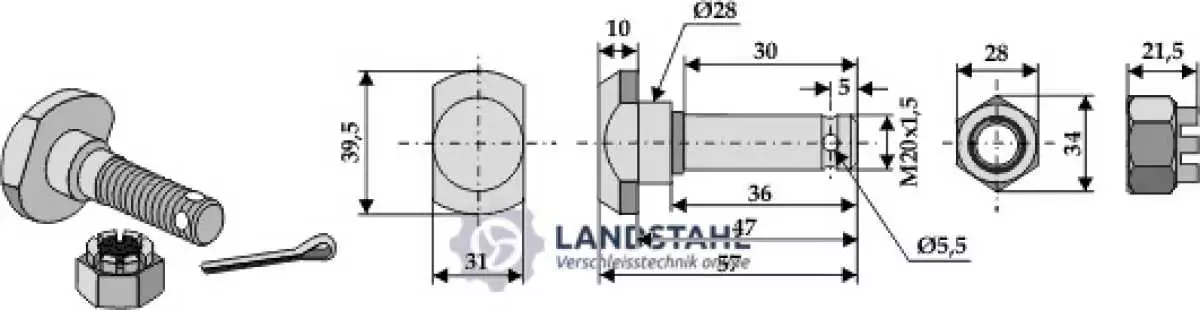 Messerschraube mit Kronenmutter M 20 x 35 - 12.9